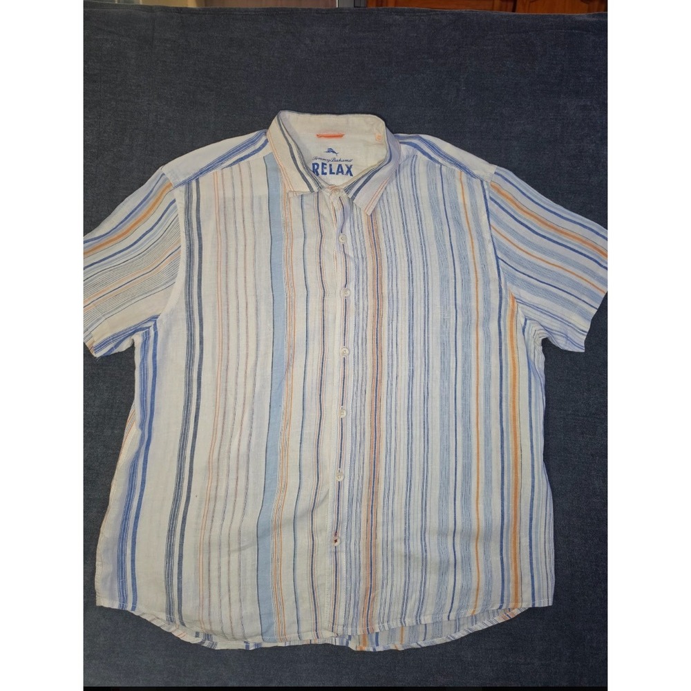 Tommy Bahama Relax Mens 3XL Linen Short Sleeve Button Down Striped Shirt Blue